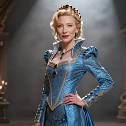 film still of cate blanchett as dutchess satine from clone wars, wearing blue ornate dress, blonde hair in fancy style, deep focus, glamour pose, dramatic lighting, octane, mist, steve mccurry, volumetric lighting