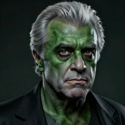 an fantasy art of jay leno but his skin is dark green and very oily, jay leno with insect eyes, professional art, volumetric lighting, unreal engine 5, very detailed art, jay leno with gray skin