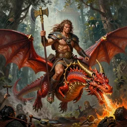 portrait painting of very handsome and savage barbarian, asymmetric, full body view and focus of high detailed photo realistic face, wearing ancient barbarian clothing in the style of conan, mounted on top of a flying red dragon, breathing and blowing fire down on his enemies, centered, rule of thirds photo, hyper realistic, forest temple in the background, sharp focus, intricate oil painting, golden axe box art
