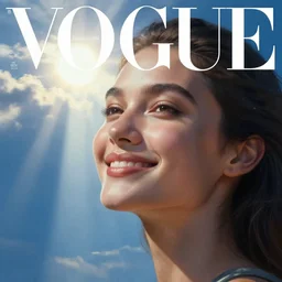 sci - fi, morning, smiling fashion model face, sun, cinematic, clouds, sun rays, vogue cover style, poster art, blue mood, realistic painting