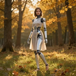 a stunningly beautiful robot girl outside in the sunset in a forest in autumn, bare feet in grass, reflecting, in a dress, trees, leaves, detailed shaded digital art