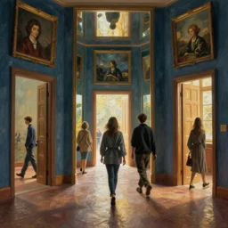 people walking out of paintings, going through mirrors into other worlds, doors that lead to incongruous spaces.