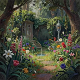a gorgeous, fantastic, magic garden landscape by michael kidd, trending on artstation, artgerm, colored pencils, muted color tones, darker,!! low contrast!!