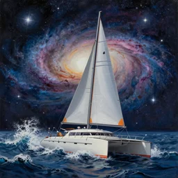 Acrylic painting of a catamaran sailing through a turbulent galaxy with waves of stars in space, artstation, high detail