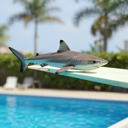 a shark on the diving board at the swimming pool