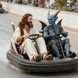 Jesus and satan riding bumper carts laughing