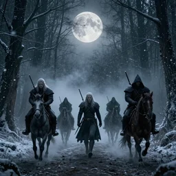 the wild hunt, ghost riders in the sky, macabre spectacle, enchanted forest, blizzard, fog, full moon, treacherous road, uneasy atmosphere, witcher, cinematic, groundbreaking, breathtaking, awardwinning, arnold gpu + octane workflow, 8 k, unreal 5, hyperrealist, ultradetailed, intricate digital art, volumetric lighting, trending artstation