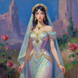 middle eastern scifi princess at the rose springs, wearing a lovely dress with vaporwave details. this oil painting by the award - winning mangaka has an interesting color scheme and impeccable lighting.