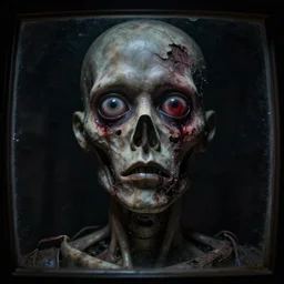 old rotting mannequin staring at center of screen with wide bloodshot eyes, horror art, body horror, disturbing, intense, artstation, dramatic, scary, 4K, realistic,