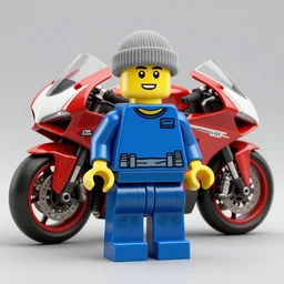 a lego minifigure wearing a blue jean and blue t - shirt, he also wears a grey beanie \ there is a ducati panigale behind him, 3 d octane render, artstation, concept art, smooth, sharp focus ilustration hq, octane render, hyperrealistic, aenaluck, artgerm and roberto ferri and greg rutkowski
