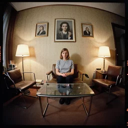 kodak portra 4 0 0, wetplate, 8 mm extreme fisheye, award - winning portrait by britt marling of a 1 9 6 0 s room, picture frames, shining lamps, dust, 1 9 6 0 s metal bauhaus furniture, wallpaper, carpet, books, muted colours,