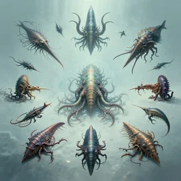 lovecraftian sea creature designs, Kim Jung Gi, Greg Rutkowski, Darek Zabrocki, Karlkka, Jayison Devadas, Phuoc Quan, trending on Artstation, 8K, ultra wide angle, zenith perspective, pincushion lens effect