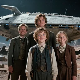 extremely sharply detailed, from blockbuster 9 6 k sci fi color movie freeze frame, set 1 8 6 0, family standing in front of crashed spaceship, on alien planet, looking happy, wearing 1 8 5 0 s era clothes, atmospheric lighting, in focus, reflective eyes, - 9 9 9 mm macro lens, live action, nice composition, good photography, clear facial details