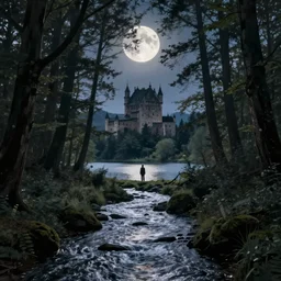 moonlit forest, river running through it, lake in the distance, castle in center, solitary figure standing in middle