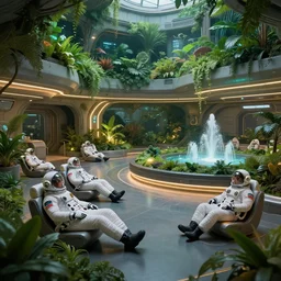 people in space uniforms relaxing in a well lit spaceship main hall with lush green gardens with fountains, cyberpunk, moody, relaxing, luminescent, rule of thirds, fresh, golden ratio, ambient lighting, syd mead, greg rutkowski, wlop, artgerm, trending on artstation, highly detailed masterpiece