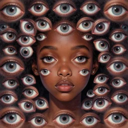 eyes!! a black girl with many eyes!, surreal art by colin christian and junji ito and jorge dos diablos, trypophobia! eyes, eyes everywhere, symmetry!