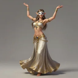 a highly detailed illustration of a masked elegant elf arabian dancer, gracefully belly dancing pose, waving both arms, slim model body, intricate, elegant, highly detailed, centered, digital painting, artstation, concept art, smooth, sharp focus, league of legends concept art, WLOP