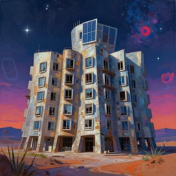 a beautiful detailed painting of industrial architecture urbex abandoned governmental building architecture by frank gehry, solar wind hyperrealism at night at dusk neon noir vaporwave cgsociety cosmic desert synthwave poppy, archdaily, wallpaper, highly detailed, trending on artstation.