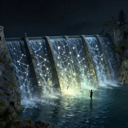 post - medieval dam of star constellations flooding, will o the wisp, light dust, by peter mohrbacher dan mumford craig mullins nekro, cgsociety, pixiv, volumetric light, 3 d render