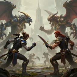 4 - bit hyperrealism fantasy creatures fight scene with characters from league of legends portrait, by anthony van dyck, digital art, wallpaper of an fantasy fight, background of sci fi city in fog, diffused lighting, extremely detailed, 8 k, sharp, trending dop hdr, film grain