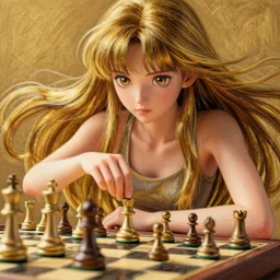 recursive image with a girl playing chess, large eyes, her long hair flowing, anatomically correct, oil pastels and gold, in the style of katsuhiro otomo, modeled in poser, redshift render, uhd