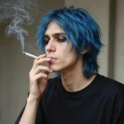 A skinny man with medium-length messy blue hair and eye bags smoking a cigarette