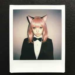 polaroid of a cat woman with cat ears, pink hair, tuxedo