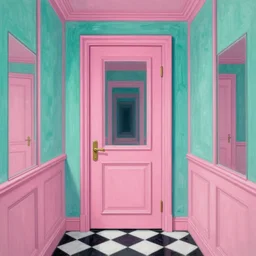 diego dayer, hyperrealistic surrealism, award winning masterpiece with incredible details, a surreal vaporwave painting of pink door leading to a teal room, mirrors everywhere, highly detailed, hallway with black and white checkered floor, intricate, elegant