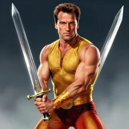 Arnold Schwarzenegger as He-man, holding sword, digital art, artstation, masterpiece, award-winning, hyperrealistic