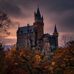 portrait spooky castle, fall, forest, dusk, autumn color palette, by greg rutkowski and alphone mucha and christophe vacher