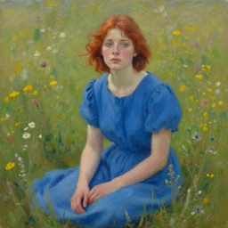 a painting of a woman with auburn hair, wearing a blue dress, sitting in a field of wildflowers. she is looking off into the distance, her eyes filled with melancholy.