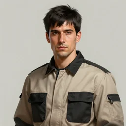 portrait of a man by Artgerm, he is about 30 years old, short black hair with bangs, his features are a mix between French, Turkish and Russian and he is wearing a beige and black utility jumpsuit, highly detailed portrait, digital painting, artstation, concept art, smooth, sharp foccus ilustration, Artstation HQ