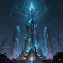 photorealistic beautiful bioluminescent alien skyscraper of the eldritch void in the style of michael whelan and gustave dore. hyperdetailed photorealism, 1 0 8 megapixels, amazing depth, high resolution, 3 d shading, 3 d finalrender, 3 d cinematic lighting, psychedelic overtones, artstation concept art.