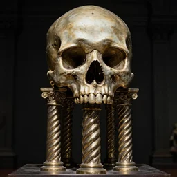 intricate, smooth, large metallic skull atop coil of columns, inside a dark room, style by caspar david friedrich and wayne barlowe and ted nasmith.