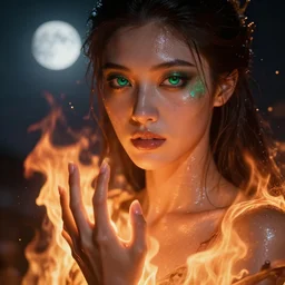 epic masterpiece fire, sweaty skin, hyperrealistic, octane render, cinematic, night, moon, beautiful face and flawless skin, perfect hands, 5 fingers, emerald by Edgar Maxence and Ross Tran and Michael Whelan, Lorenzo Sperlonga Legends of Runeterra