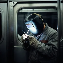 welder in welding mask in the subway, by richard avedon, tri - x pan stock