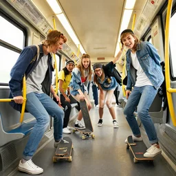 rebellious teens with skateboards on the train making trouble