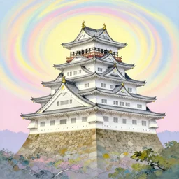japanese castle on a mountain, colorful swirly magic ripples, pastel colors, by greg manchess, huang guangjian, gil elvgren, sachin teng, greg rutkowski, jesper ejsing
