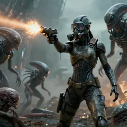 big budget scifi movie set in postapocalyptic world with female cyborg in rubber and gas mask shooting aliens brainsuckers