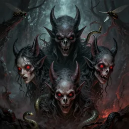three bat head, demonic parasite, snake, insects, insanity, hell, war, despair, dread, digital art, 4 k, fantasy, lovecraft, horror, painted, terror, leesha hannigan, wayne haag, reyna rochin, ignacio fernandez rios, mark ryden, iris van herpen, best on artstation, best on cgsociety