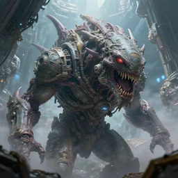 monster creature closeup inside of a derelict alien spacecraft mothership concept art artwork by masanori warugai, intricate detailed 4 k, soft light, volumetric fog, soft glow, eerie, urban fantasy, colorful
