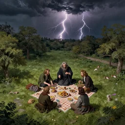 a detailed illustration of a god ruining a picnic in the park, nightmare in the park, calamity, dark storms with lightning, ultrawide lens, aerial photography, natural disaster, 8 k, art by pierre - henri de valenciennes and caspar david friedrich and jacob gensler and eugene isabey