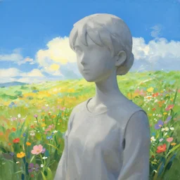 realist by makoto shinkai slate grey, silk. this sculpture has of the serenity & beauty of a summer day. the sky is a deep blue, & the sun is shining down on the fields of flowers. the colors are very vibrant, & the brushstrokes are very fluid. the overall effect is one of peace & calm.