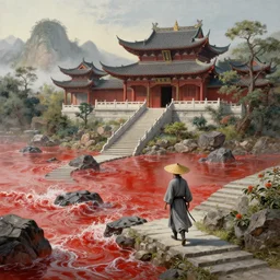 a gorgeous landscape painting by barlowe wayne maxfield parrish and marco mazzoni. chinese temple. just one lonely grey chinese wuxia with bamboo hat walks on the winding steps. ultra clear detailed. 3 d, octane render. turbulent blood lake.
