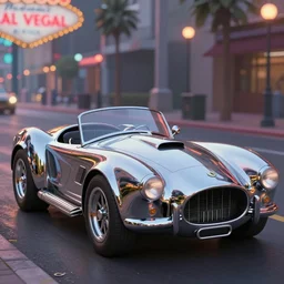 a wholesome animation key shot of!! one!! focused!! ac cobra!! in reflective stainless steel unpainted, in a las vegas street, medium shot, studio ghibli, pixar and ( disney ) animation, sharp, very detailed, high resolution, rendered in unreal engine 5, anime key art by greg rutkowski, bloom, dramatic lighting