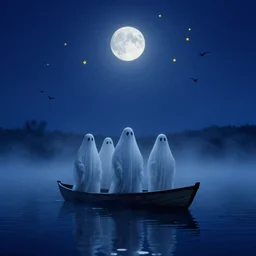 ghosts on boat on the middle of lake, fog, moon, birds, night sky, yellow stars, deep blue mood, by stanley kubrick