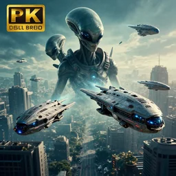 a movie poster for a sci - fi movie that stars alien spaceships flying around with a city in the background. 8 k, highly - detailed