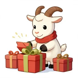cartoon goat opening Christmas presents