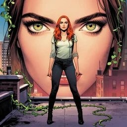 phil noto comicbook cover art, artgerm, emma stone poison ivy, vines, symmetrical eyes, full body, city rooftop