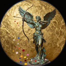 An epic fantastic realism comic book style painting of a distressed bronze archery sculpture from the future by Stanislaw Szukalski, beautiful colorful flowers rain down, gilded marbled paper background, winged archer, fisheye lens, unreal 5, DAZ, hyperrealistic, octane render, dynamic lighting